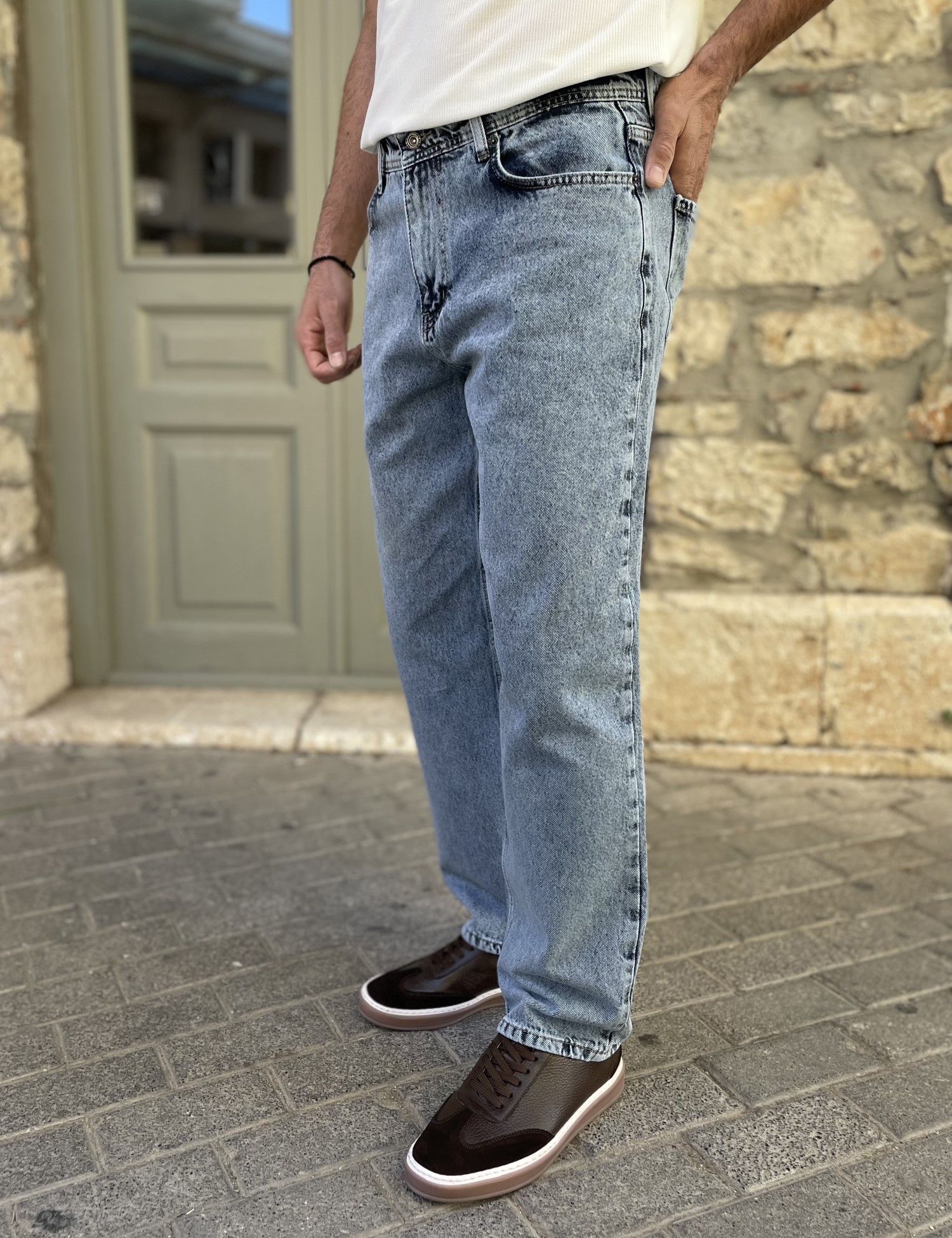 Ανδρικό μπλε πλυμένο Loose τζιν ελαστικό πεντάτσεπο με φερμουάρ G81087 φωτογραφία